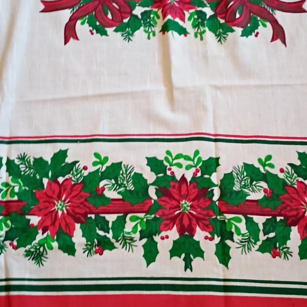 Vintage Holiday Tablecloth with Red and Green Poinsettia Design
